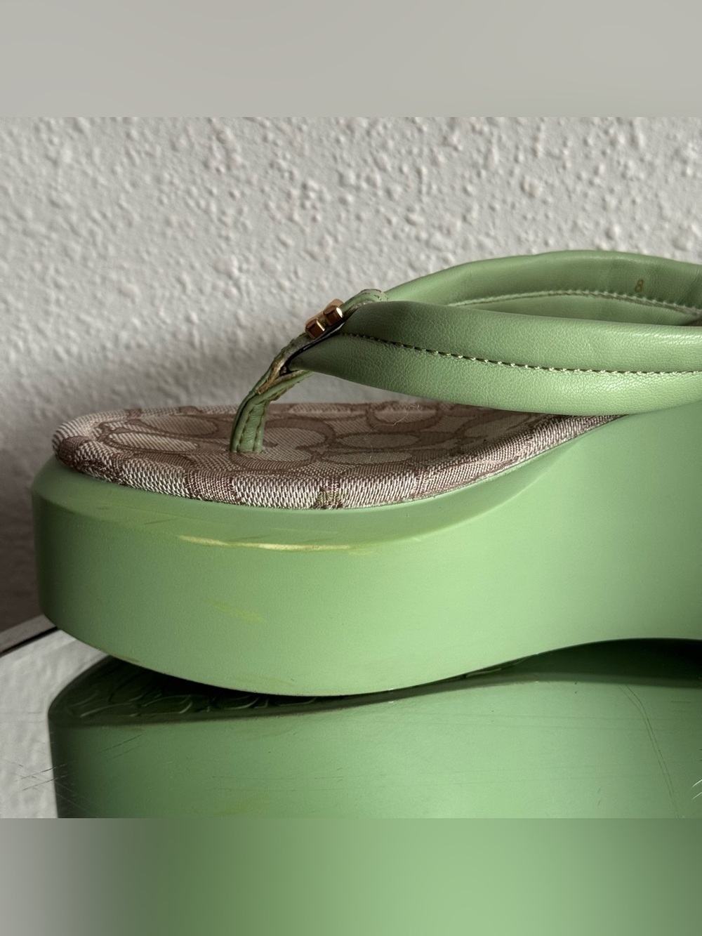 COACH Pistachio Green Leather Y2K Franki Monogram Platform Sandal Flip Flops - Picture 11 of 14